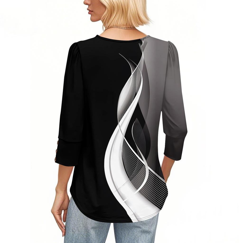 Women's Fashion Casual Color Block Stitched Print Round Neck Seven-sleeve T-shirt Top