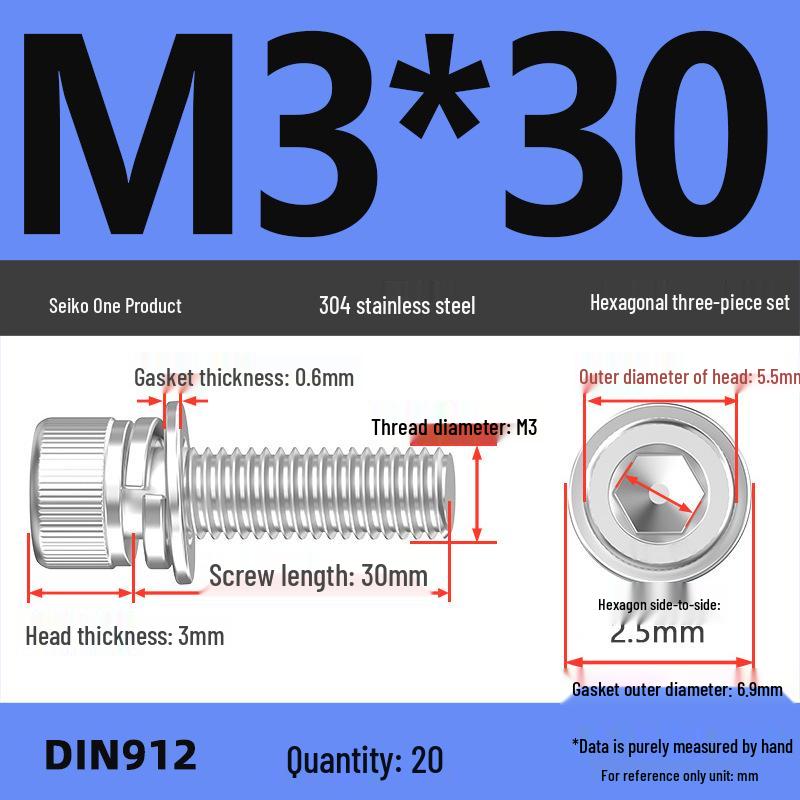 304 Stainless Steel Hex Socket Cap Screw with Washer - Sizes M3, M4, M5, M6, M8, M12