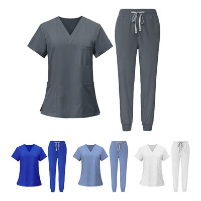 2 Teile/satz Frauen Krankenhaus Uniform Set V-ausschnitt Kurzarm Multi Taschen Tops Elastische Taille Hosen Set Schnell Trocknend Schönheit Dental Krankenschwester arbeit Anzug