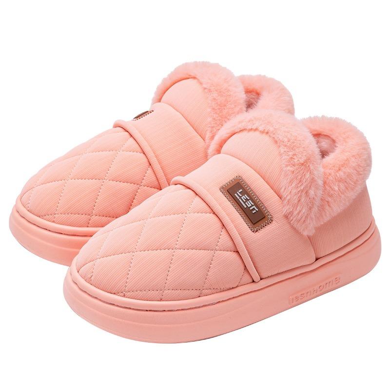 Waterproof cotton shoes women's winter new indoor home fleece non-slip pu leather cotton slippers men's warmth