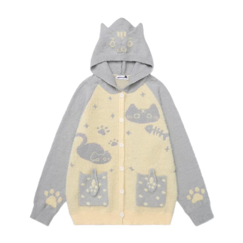 Winter Cozy Cat Sweater Men Women Loose Fit Color Block Hooded Knit Top