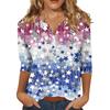 Women's Casual V Neck Button Front Top Three Quarter Sleeve Shirt with Star Print Pattern Lightweight Comfortable Fit