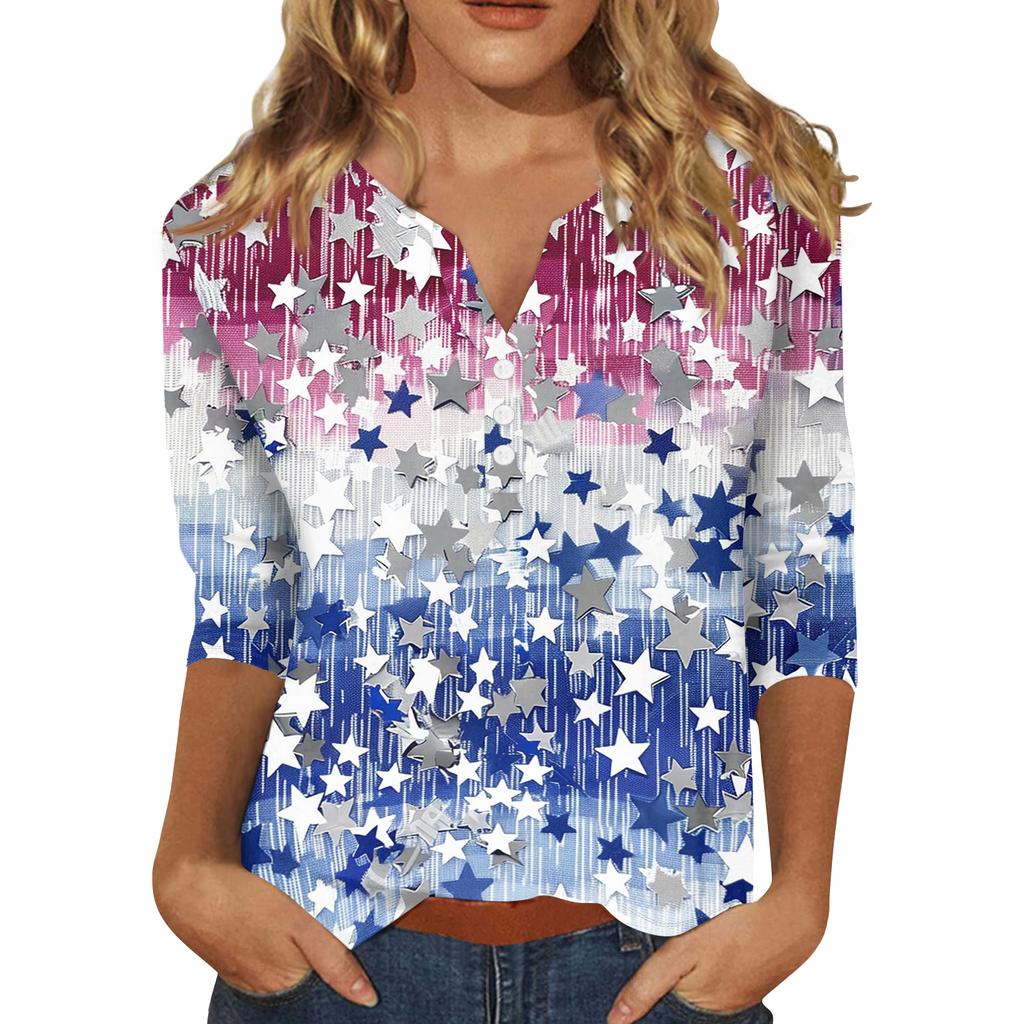 Women's Casual V Neck Button Front Top Three Quarter Sleeve Shirt with Star Print Pattern Lightweight Comfortable Fit