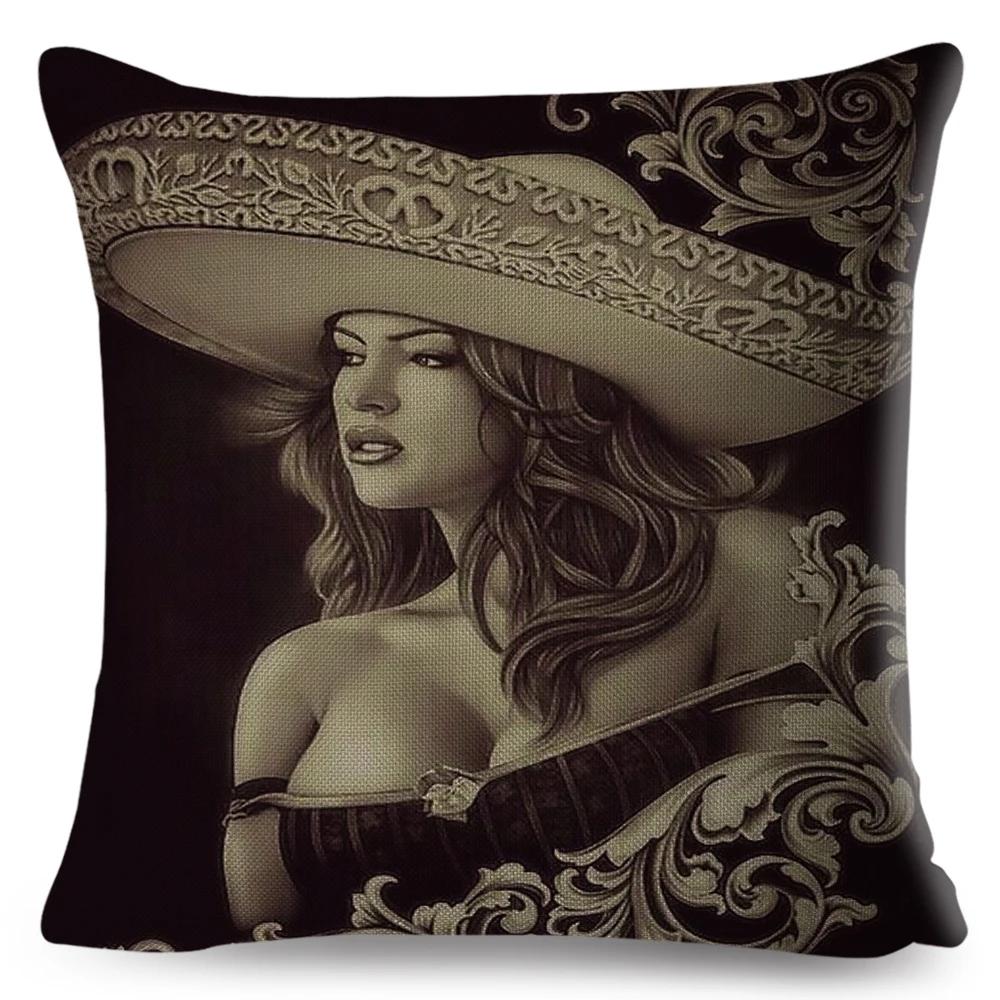 Mexico Chicano Sexy Women Skull Pillow Case Decor Cartoon Printed Girls Cushion Cover for Sofa Home Car Polyester 45*45cm