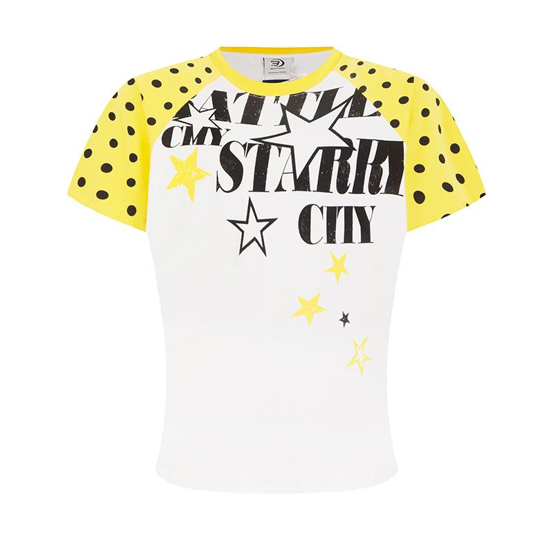 

American contrasting color polka dot shoulder sleeve short sleeve T-shirt women s summer thin letter print versatile top tide S жёлтый