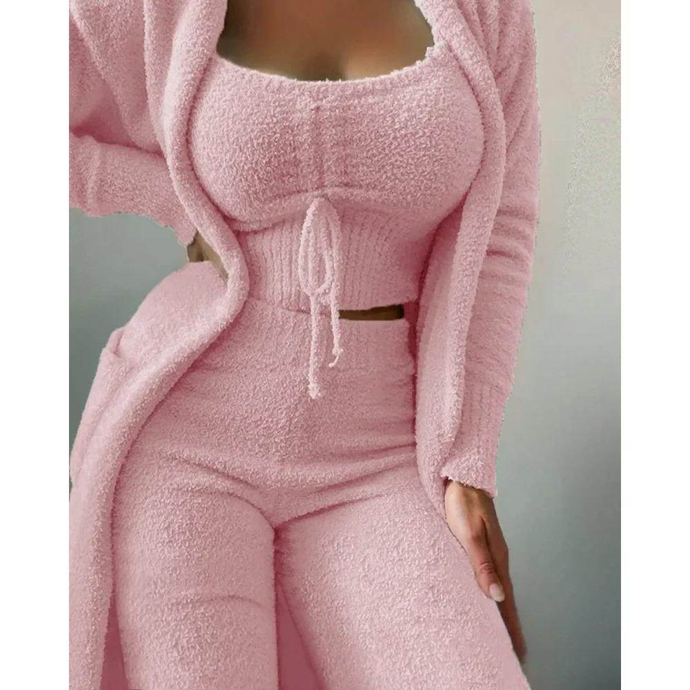 Nová Podzimní Zimní Dámská Sametová Pyžamová Souprava Crop Top+Dlouhé Kalhoty+Župan 3dílný Oblek Teplé Měkké Fleecové Domácí Oblečení Pyžamo S-3XL