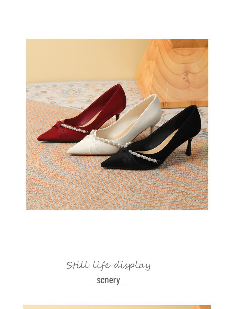 Knotted Pearl Xiuhe Bridal Shoes: Women's Silk Sheepskin High Heel Stilettos with Pointed Toe