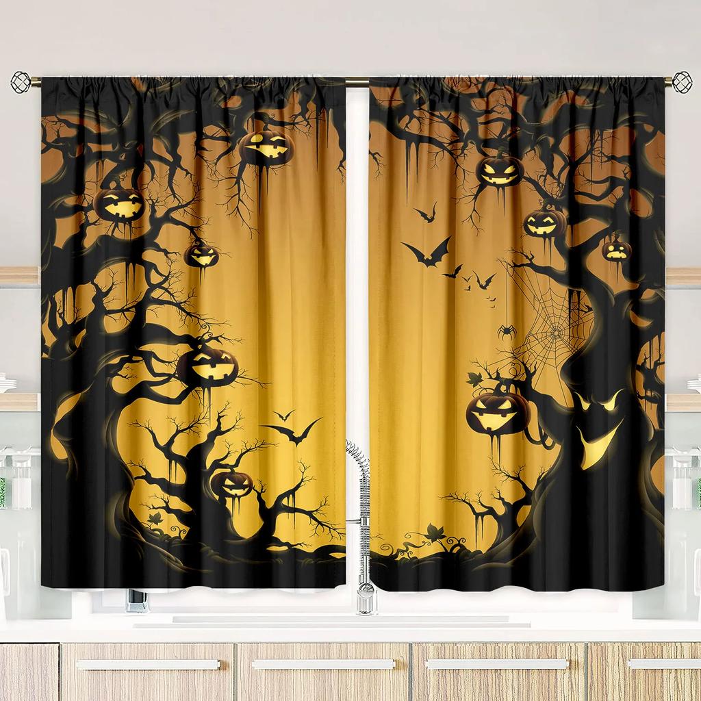 2 sztuki zasłony z nadrukiem anime demona i dyni na Halloween - materiał poliestrowy - odpowiednie do sypialni, salonu, gabinetu an