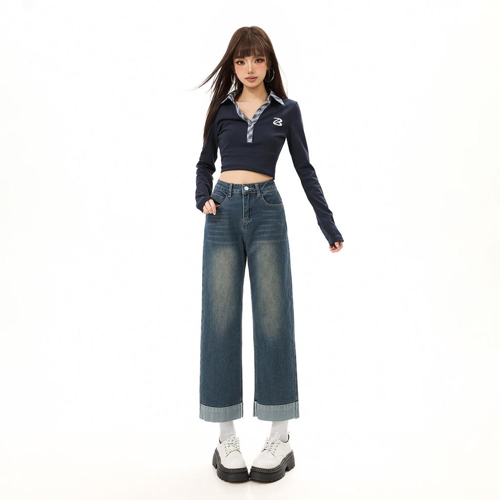 Women's 2026 Summer High Waist Patchwork Straight Leg Jeans - Vintage Faded Petite Cropped Cigarette Pants