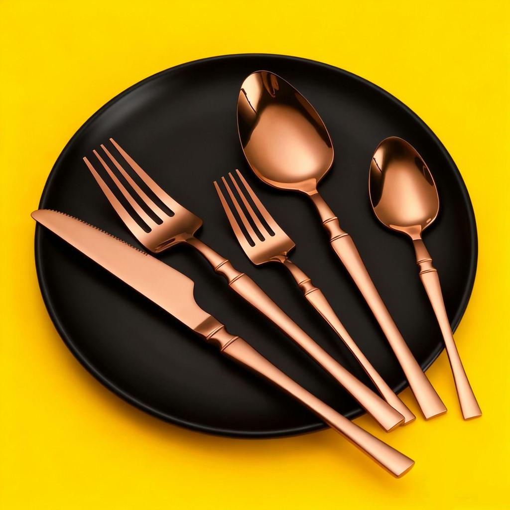 Gold 24-Piece Stainless Steel Cutlery Set: Elegant Steak Knife, Fork, and Spoon for Western Cuisine.