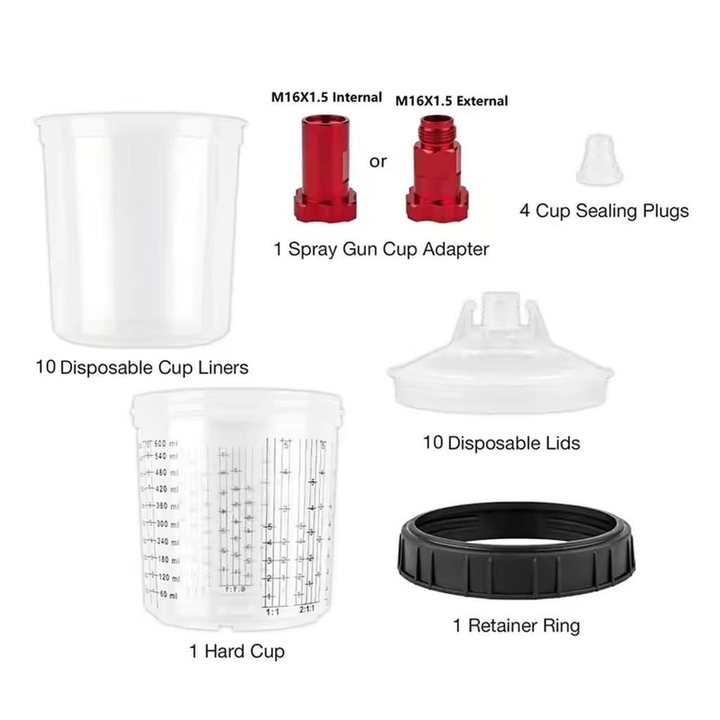 ABMH-2X 600 ml Einweg-Farbbecher mit Anschluss Sprühbecher Farbmischbecher Typ H/O Quick Cup Sprühen 16X1,5MM Außengewinde