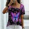 Women Square Neck Short Sleeve Top Vibrant Rainbow Oil Painting Butterfly Print Blouse
