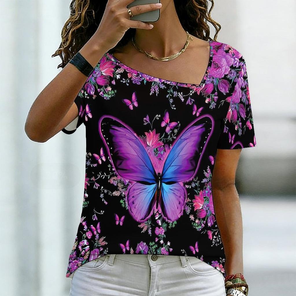 Women Square Neck Short Sleeve Top Vibrant Rainbow Oil Painting Butterfly Print Blouse