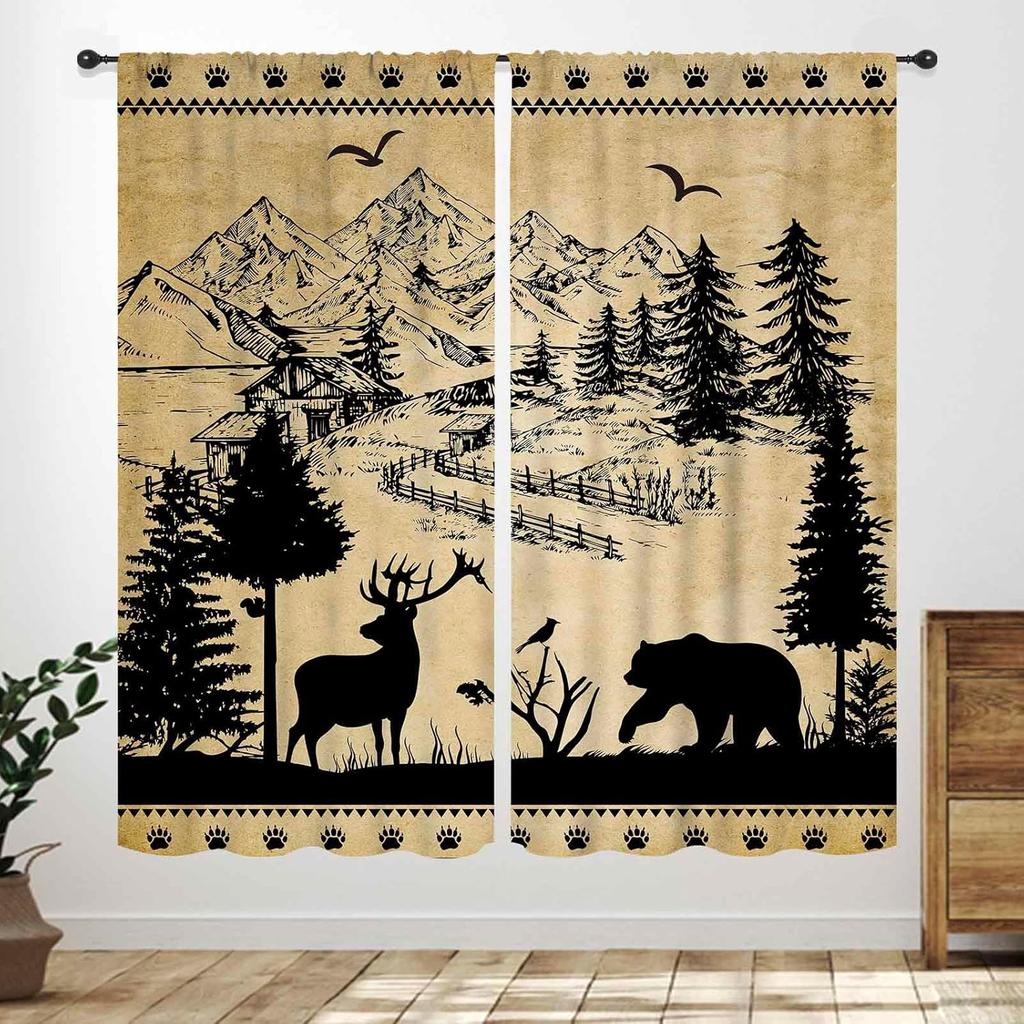 Rustic Deer Curtains,Farmhouse Cabin Lodge Country Forest Hunting Wild Animal Vintage Elk Window Treatments Drapes for Bedroom