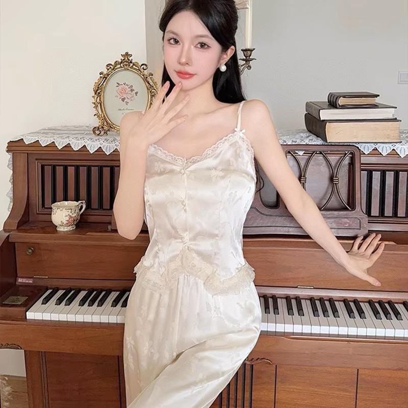 Spring and Autumn New Ice Silk Pajamas Women's Thin High-end Suspender Long-sleeved Trousers National Style Loungewear Three-piece Set