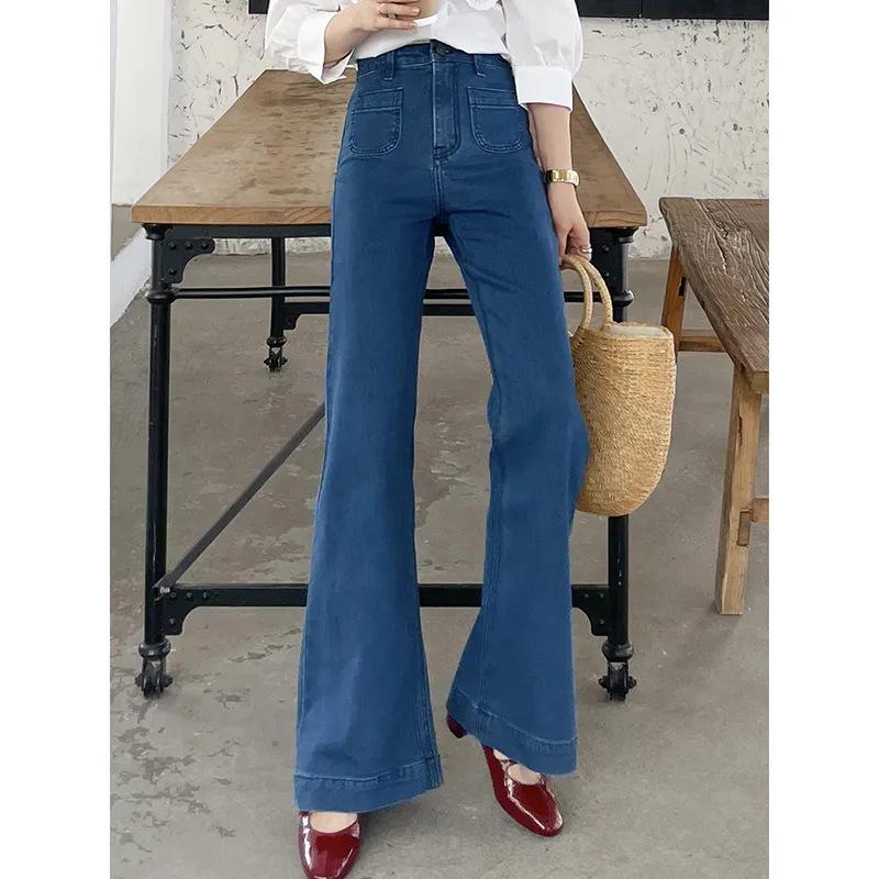 

Джинсы клеш ретро темно-синего цвета с высокой талией в гонконгском стиле для женщин Extra Large