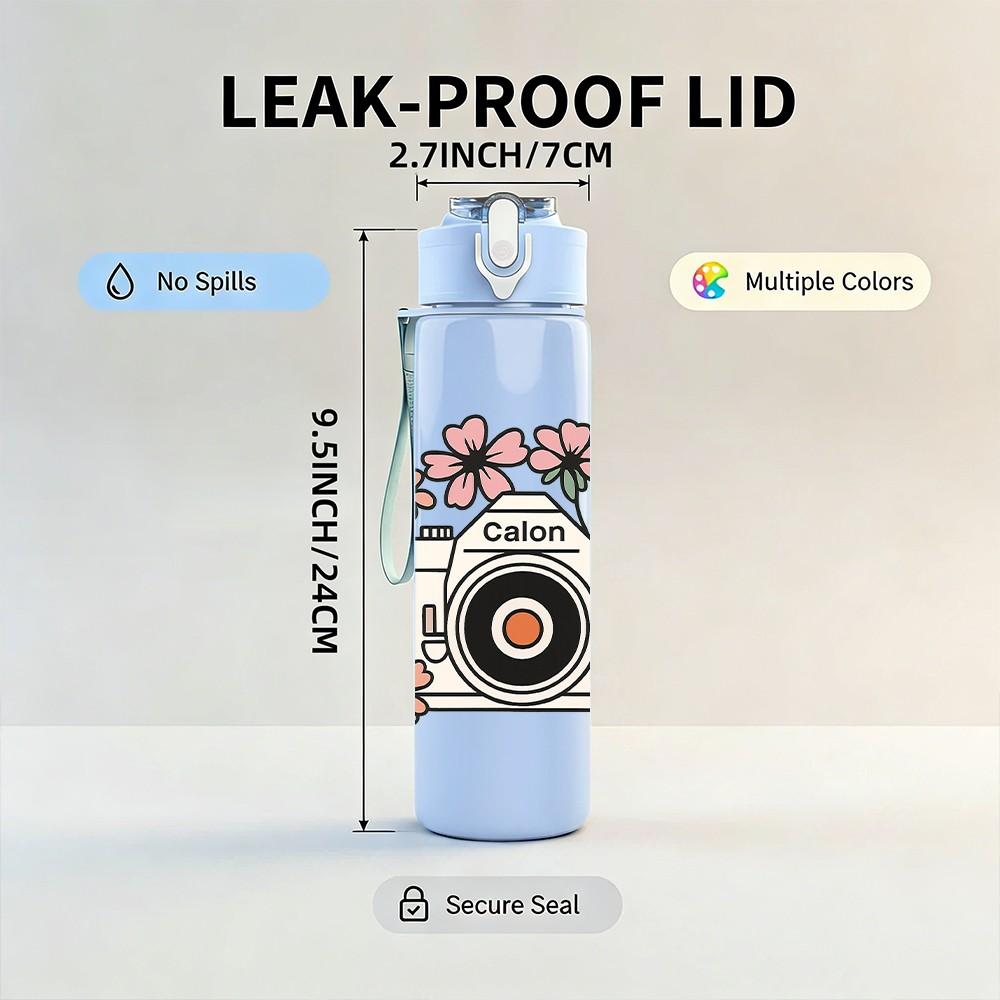1PC Floral Frame Vintage Camera 750ml Color Plastic Sports Water Bottle Leakproof Flip Straw Lid For Sports Office Home Use