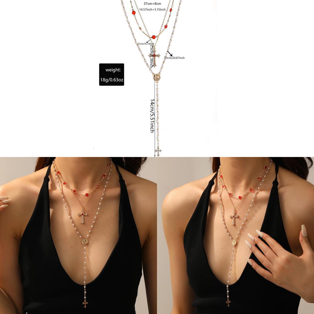 Cross Pendant Necklace With Pearl Look Geometric Design For Womens Fashion Accessories