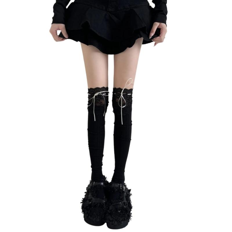 Ribbed Knit Striped Over Knee Long Socks for Women Japanese Student Sweet Bowknot Lace Splicing Thigh High Stockings