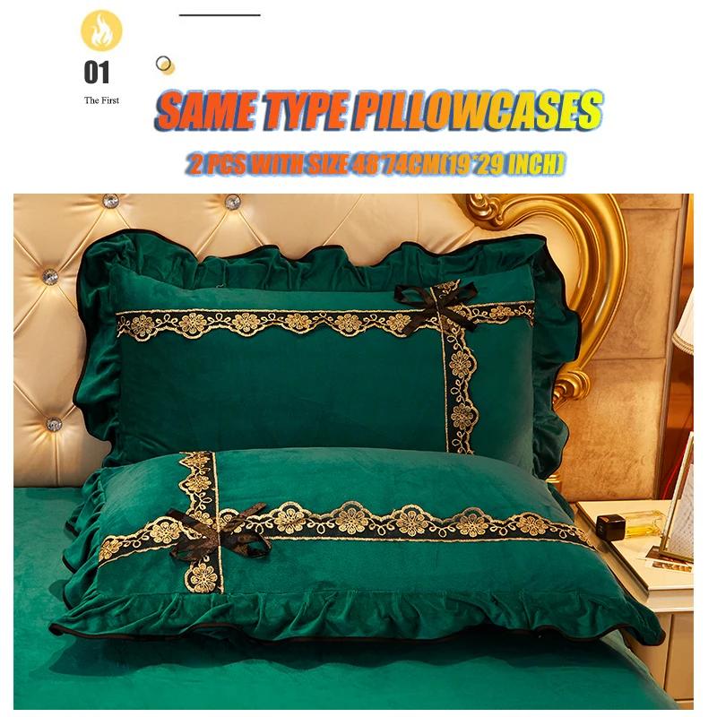 Crystal Velvet Bedspread Plush Lace Bed Skirts Sets Thin Comforter Embroidered Bedding Set with Pillowcases for Queen King Size