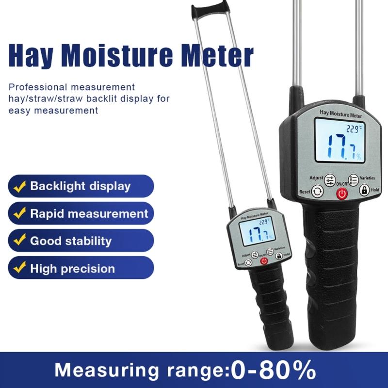 Double Probe Moisture Meter Digital Moisture Meter Portable Moisture Tester with Backlit for Forage Alfalfa Straw
