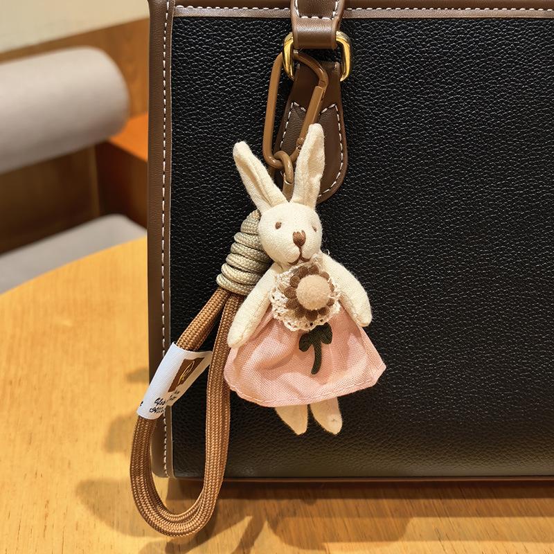 Cute Fabric Bunny Bag Charm, Handmade Plush Rabbit Keychain with Flower Dress & Braided Rope