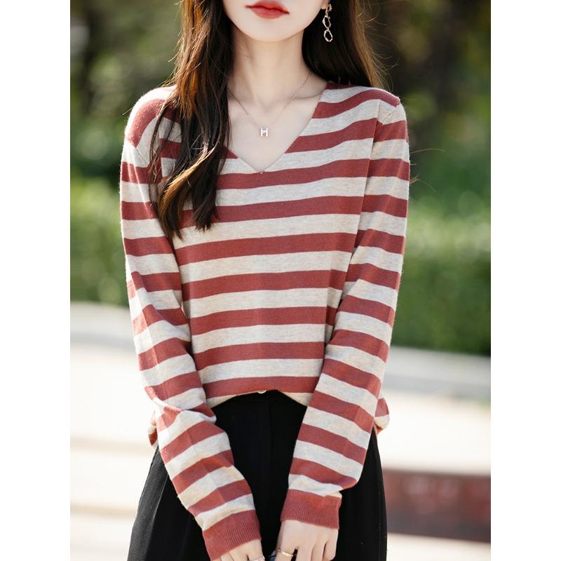 Spring and Autumn V-neck Striped Women's Long-sleeved Knitwear Loose Color Clashing Pullover Bottoming Shirt