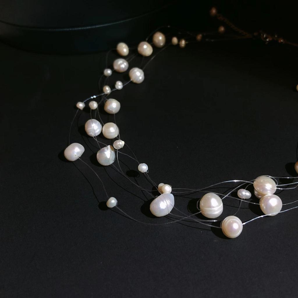 Genuine Freshwater Pearl Multi-Layer Choker: Handmade Woven Fishline Necklace - Elegant, Versatile Jewelry for Women