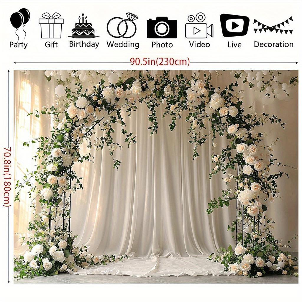 1 arc de nuntă elegant alb suspendat pentru fundal - țesătură romantică din poliester cu trandafiri crem și frunze verzi