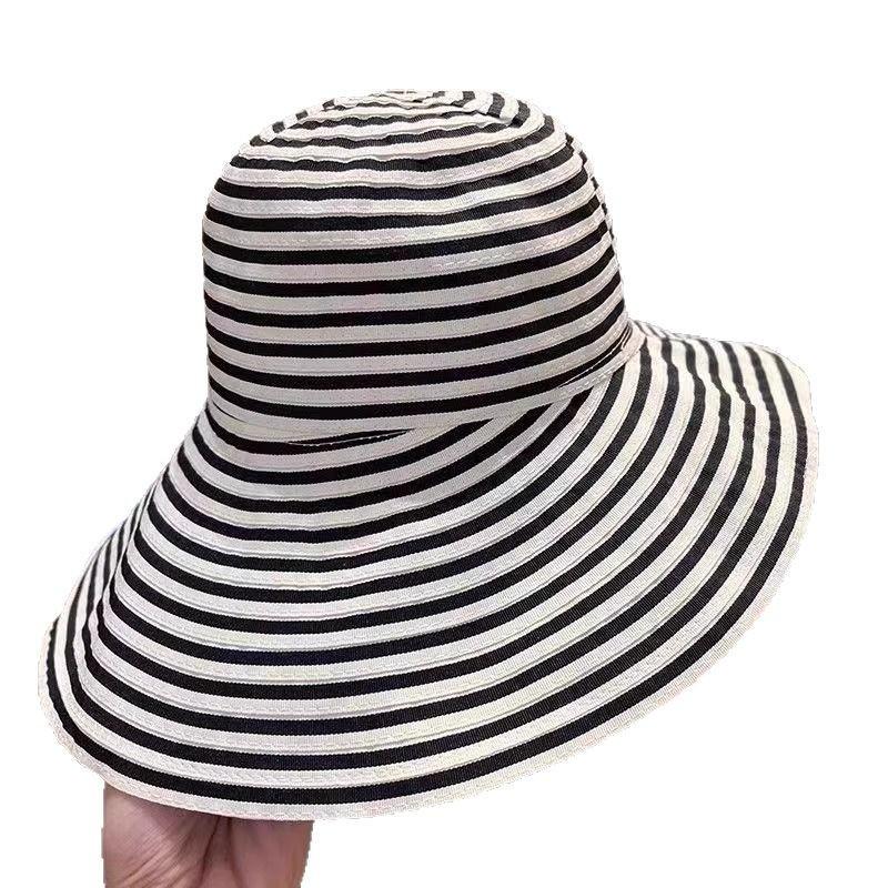 Women's Korean-Style Striped Foldable Bucket Hat with Sun Protection, Large Size