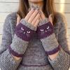 Thick Half Finger Gloves Thickened Cat Embroidery Gloves Vintage Knitted Fingerless Gloves  Girls