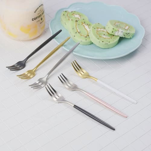 Easytoti 5-Piece Set of 13.5cm Cake and Dessert Forks, Stylish and Cute Mini Forks, 18/8 Stainless Steel, Brushed, Dishwasher Safe, Silver/Black...