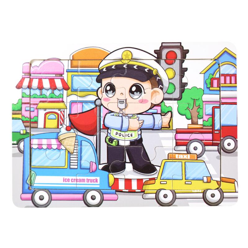 12 Wooden Puzzles, Educational Toys for Children, Early Education Cartoons, Animals, Traffic Cognition, Flat Wooden Puzzles