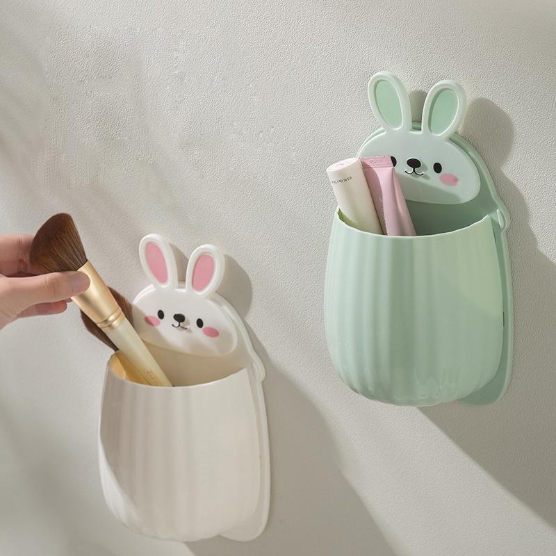 1pc Cute Rabbit Storage Rack, Makeup Brush Storage Box, Bathroom Wall Mounted Toothbrush Holder, Bathroom Accessories