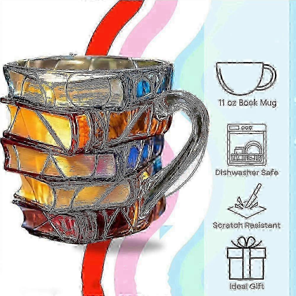 Painted Book Mug, 3D Painted Glass Book Mug for Hot Or Cold Drinks, Novelty Books Stack Shaped Coffee Mug Gifts for Book Lovers Friends