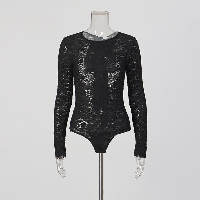 Sexy Lace-Trimmed Sheer Backless Bodysuit Women - Slim Fit Long Sleeve With Tie Detail 2026