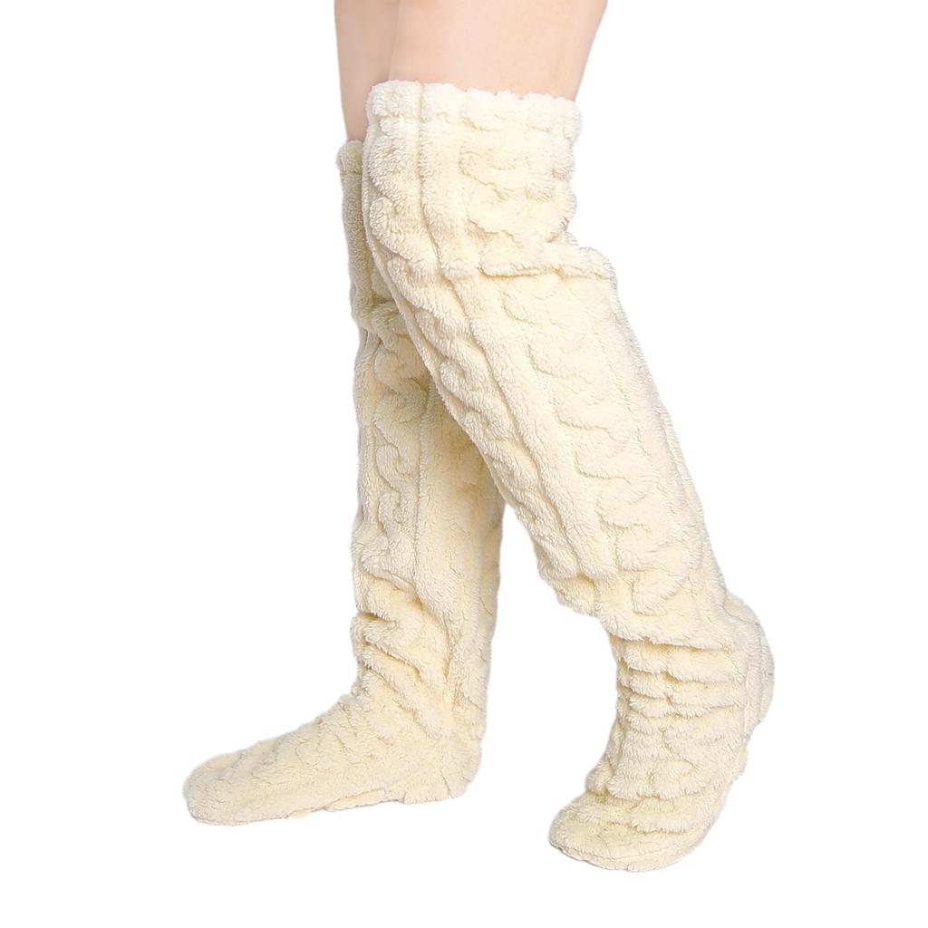 Thigh High Fuzzy Socks Solid Color Fleece Over Knee Long Stockings Cable Pattern Furry Home Sleeping Socks for Women