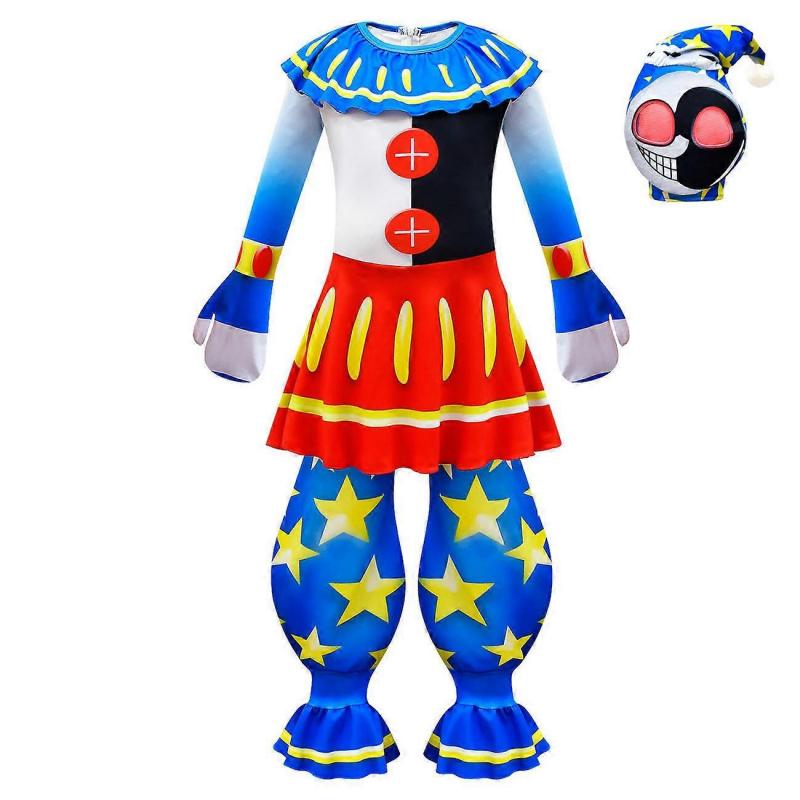 Sun Moon Clown Halloween Cosplay Jumpsuit Costume with Headpiece for Kids Stage Performance