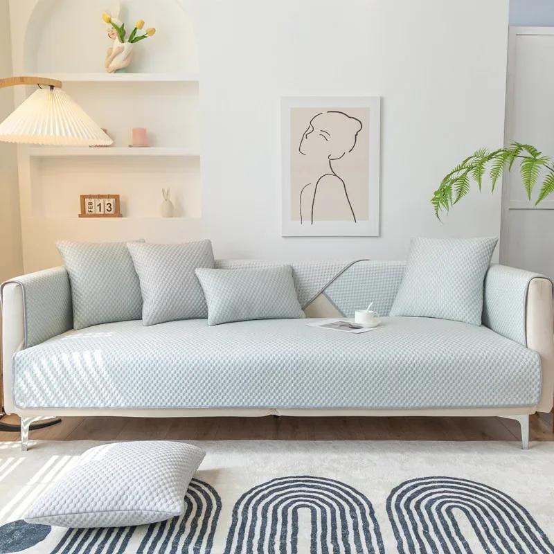 Summer Ice Silk Sofa Cushion Minimalist Polka Dot Solid Color Couch Cushion Comfortable Dustproof Breathable Non Slip Sofa Towel