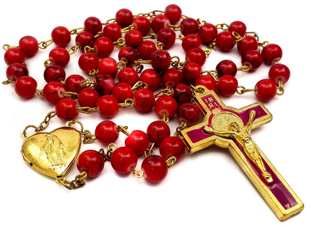Saint Benedict Rosary Red Glass Beads St San Benito Cross Nr Medal Catholic Necklace