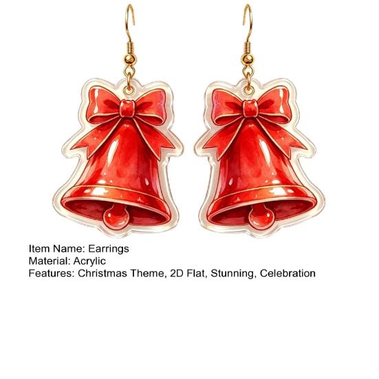 Decorative Earrings for Christmas 1 Pair 2D Acrylic Bell Dangle Women, Cute Red Trendy Winter Fashion Jewelry Holiday with Bow, Gifts Xmas Party