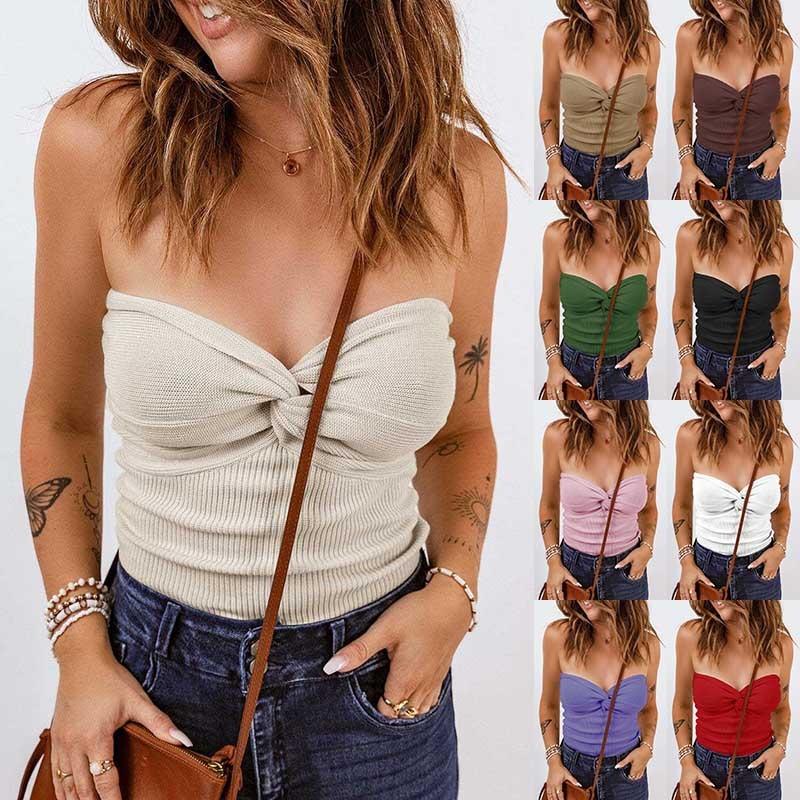 Top a tubo senza spalline con nodo frontale da donna Top corto a coste senza maniche Y2K Casual da sera