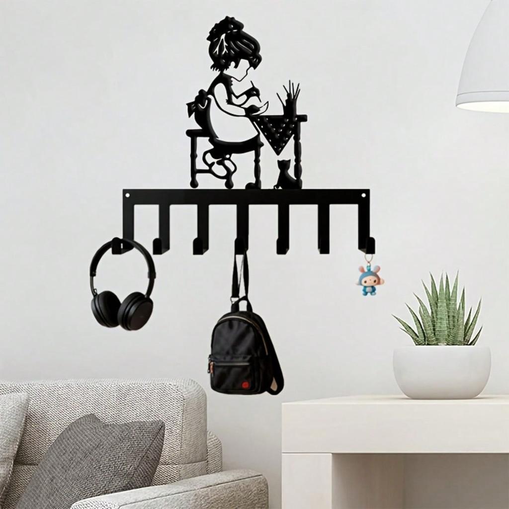 Cat Lover Key Holder Wall Decor 7 Hooks Handmade Metal Wall Art Practical Gift for Hallway Bedroom Living Room