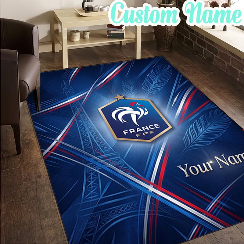 Custom Name France Football Emblem Rug, Office Rug, Chair Rug, Carpet for Living Rooms, Doormat Game Rug Home Decor Christmas Gifts