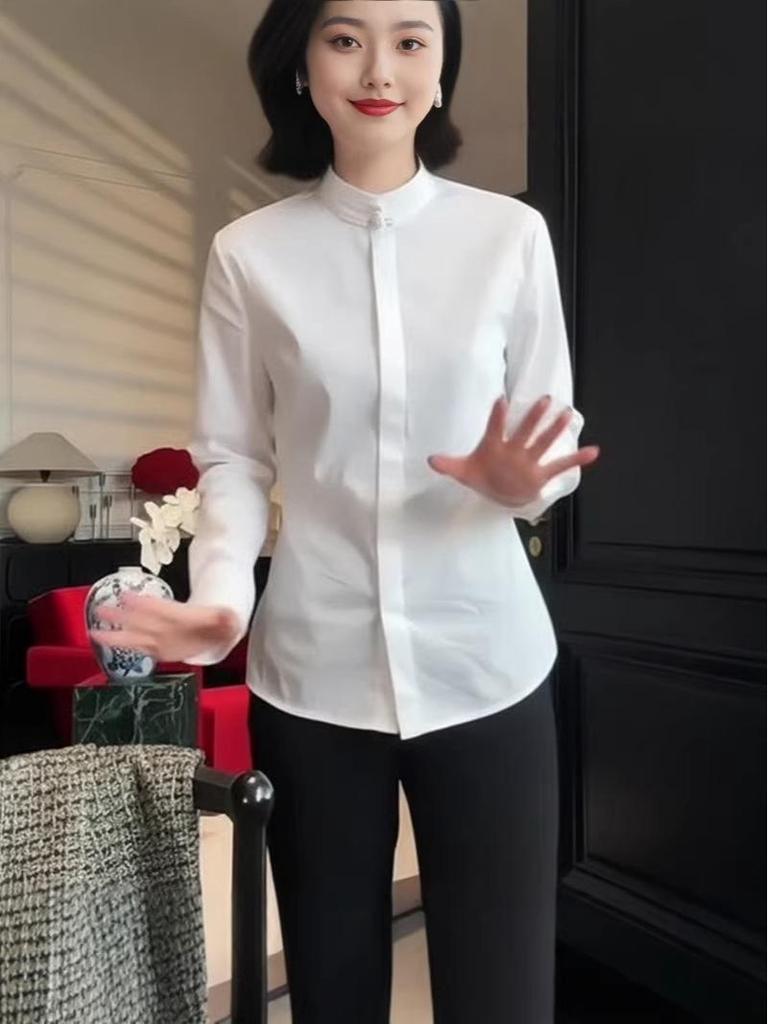 2026 Spring Women's Stand Collar White Shirt - Elegant, High-End Chinese Style Top