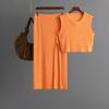 European and American solid color sleeveless vest fashion suit 2025 summer new knitted slit skirt two-piece suit