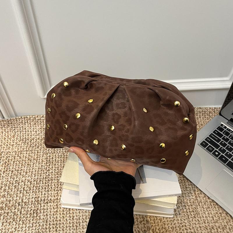 Trend Studded Women's Luxury Clutch Leopard Print Magnetic Clasp Clip Bag Designer High-end Cloud Bag Dinner Lipstick Coin Purse