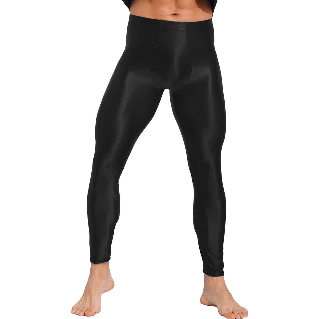 Herren Unifarbene Leggings Elastischer Bund Glänzendes Finish Skinny Hosen Fitness Training Laufen Yoga Übung