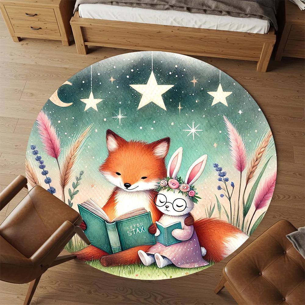 1pc Fox Rabbit Round Chair Mat Area Rug - Non-Slip, Floor Mat for Office, Bedroom, and Indoor Decor -1002059