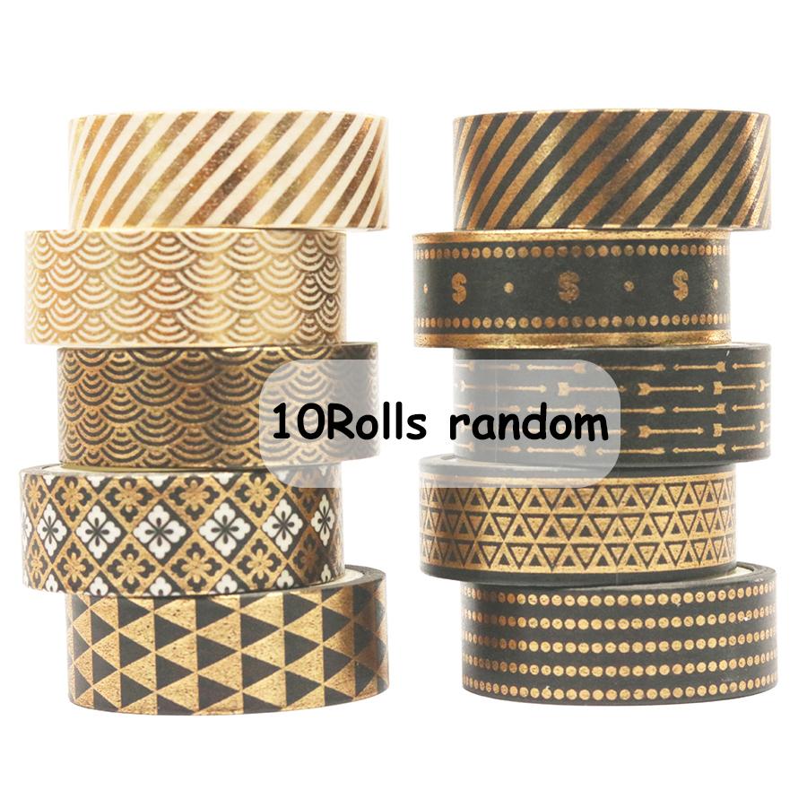 10 Rolls Golden Foil Washi Tape, Black Vintage Decorative Masking Tape, Geometric Wave Pattern Aesthetic Scrapbooking Tape
